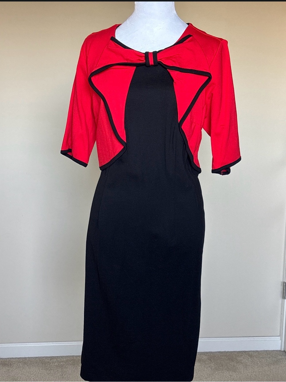 Midnight Velvet Red and Black Midi Dress with Bow-Trim Bolero